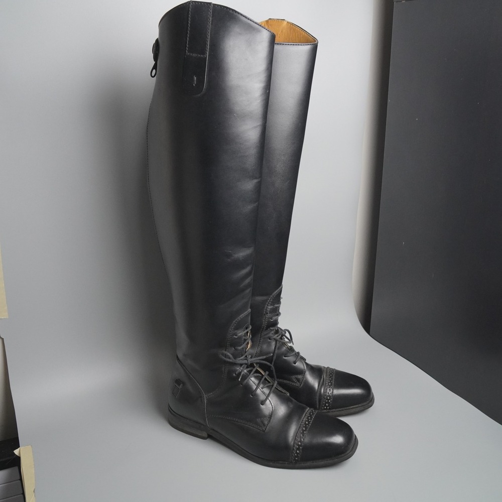 Black Leather Tall Riding Field Boots Made in Brazil 3008 S 8 Lace Up Back Zip
